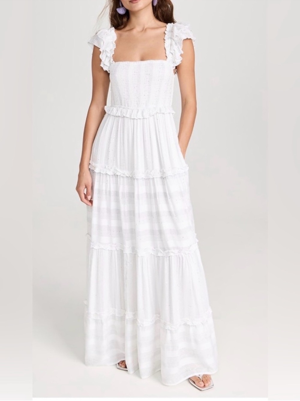 PQ Swim PilyQ White Silver Lurex Stripe Sequin Tiered Maxi Cover Up Dress XS/S